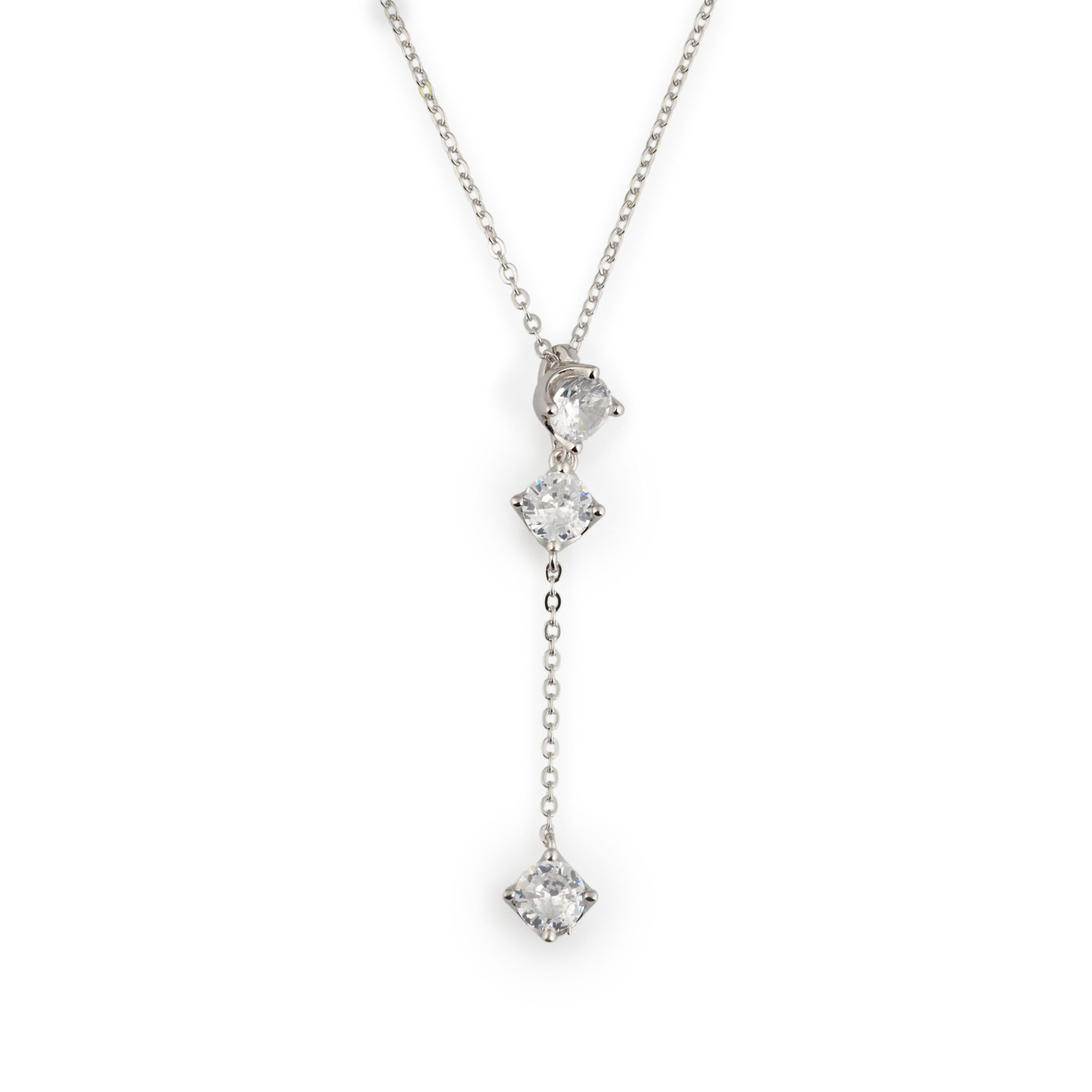 925 Sterling Silver Triple Solitaire Diamond Drop Necklace